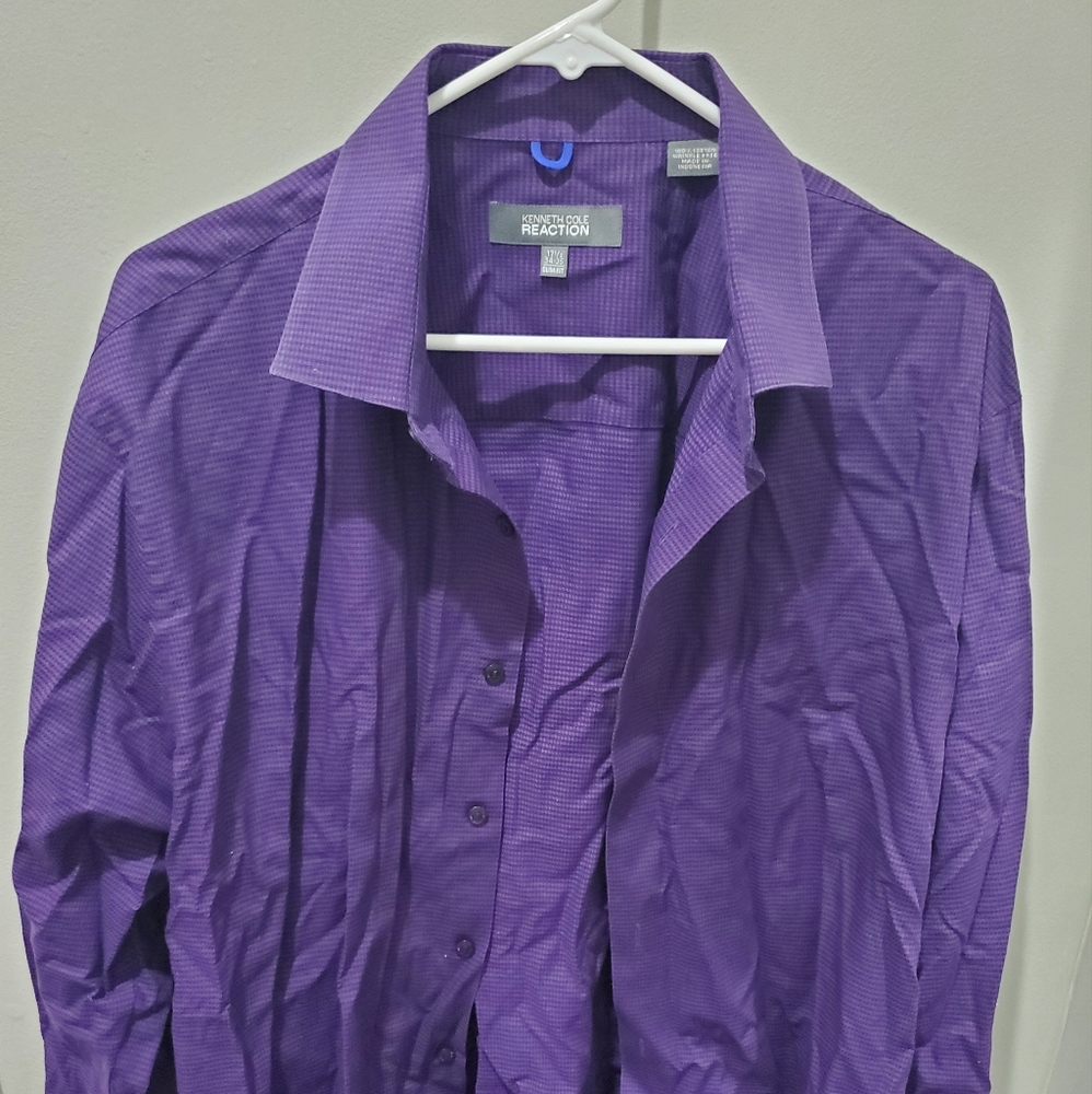 KENNETH COLE REACTION Purple Check Slim Fit Non Iron Dress Shirt L 17.5 34-35